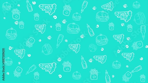 Fresh looping fast food animation with white line icons on turquoise aqua blue background. Clean seamless pattern for food apps, menus, restaurant videos, and branding.