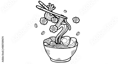 Ramen noodle bowl with chopsticks line art