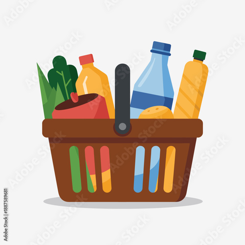 Grocery basket filled with fresh produce and beverages