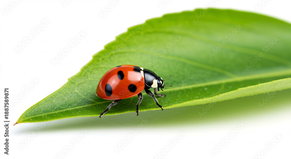 Fototapeta premium Coccinelle rouge vif pos�e d�licatement sur une feuille verte lumineuse isol�e sur fond blanc pur minimaliste. AI Generated