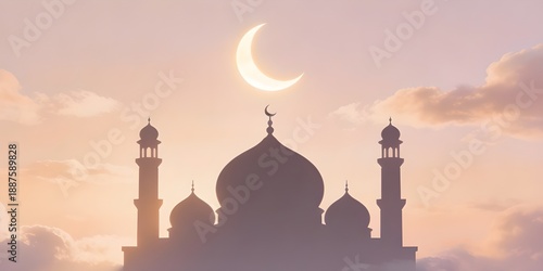 Wallpaper Mural Serene Mosque Silhouette Against a Pastel Sky with Crescent Moon Torontodigital.ca
