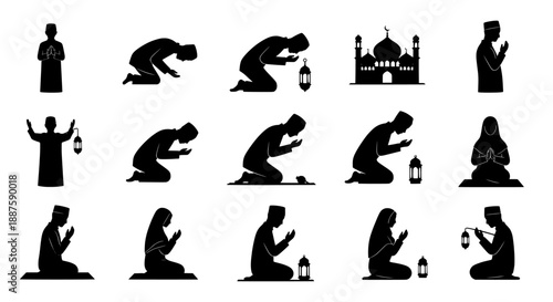 Prayer silhouettes of muslim people