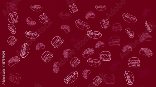 Bright Red looping fast food animation featuring burgers and  on abstract shapes. Fun motion background for food branding, ads, restaurant videos, and digital menus.