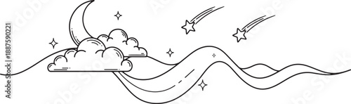 Whimsical black and white line art drawing featuring a crescent moon nestled in fluffy clouds above a winding path or landscape.