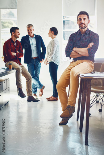 Team, portrait or man in agency with arms crossed, profession or experience as publication director. Media, staff or creative manager with confidence, colleagues or career in journalism industry.