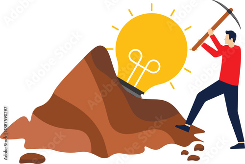 Search for new ideas for successful business, creativity and innovation to solve complex problems, strategy or method for achieving goals, man removes a light bulb from a cobblestone with a pickaxe.

