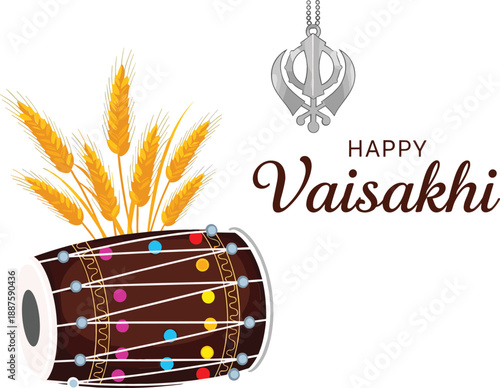 Happy Vaisakhi Punjabi New Year festival celebration banner with traditional dhol drum golden wheat and khanda symbol