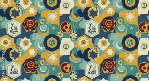 Eid mubarak themed seamless pattern featuring geometric shapes stars crescent moons and traditional decorations on a light teal blue and gold background creating a festive