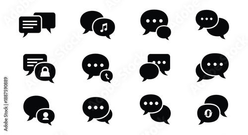 Collection of black speech bubble icons various shapes and styles displayed