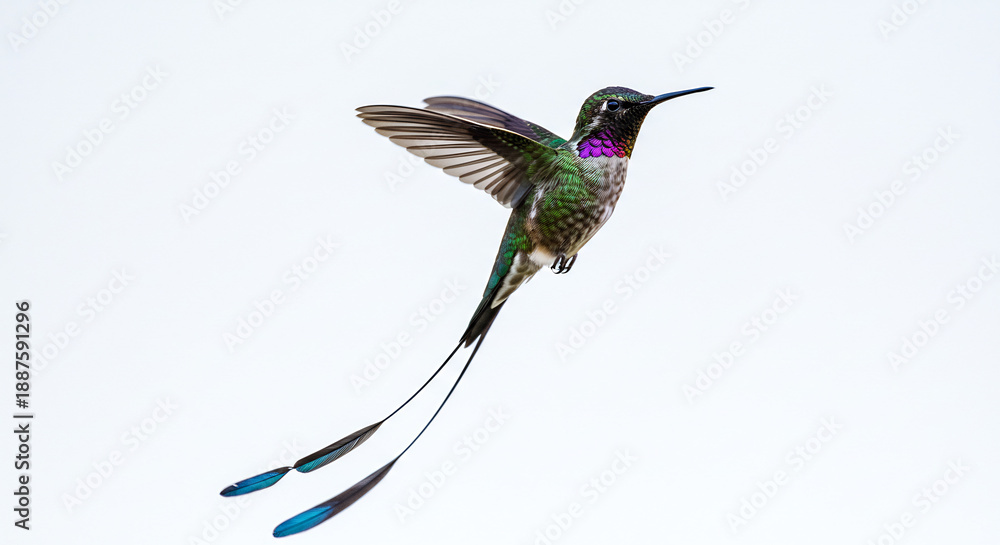 Fototapeta premium Colibri sylphe longicaude spectaculaire aux longues plumes caudales bleues en vol sur un fond blanc �clatant. AI Generated