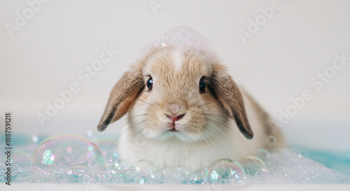 Adorable lapin moelleux se detend dans un bain plein de bulles petillantes ambiance joyeuse et lumiere claire. AI Generated