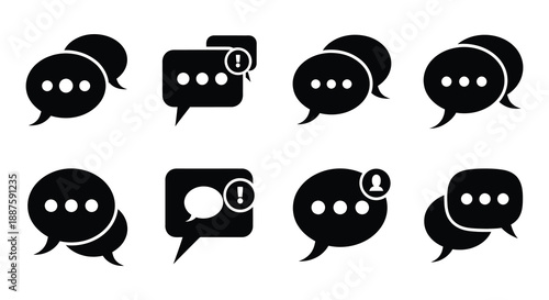 Collection of black speech bubble icons various shapes and styles displayed