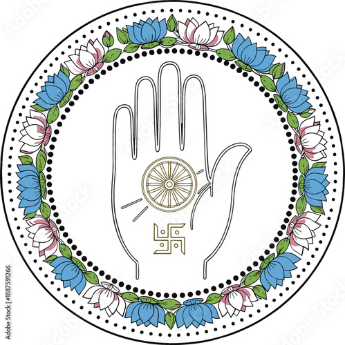 Jainism religion symbol with ahimsa hand wheel and swastika inside circular blue and pink lotus floral garland