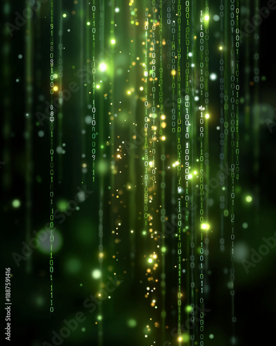 Digital Data Cascade: A mesmerizing visual of cascading digital data streams in a vibrant green, sparkling with particles. A modern representation of technological advancement and cyberspace.