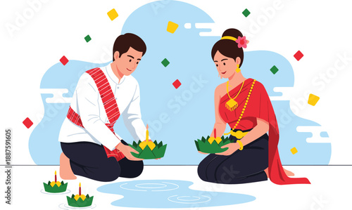 Loy Krathong festival celebration with Thai couple in traditional costume floating krathong baskets on water vector