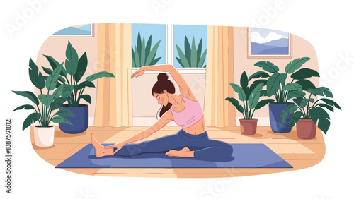 Young woman practicing yoga and stretching her body on a blue mat in a bright living room surrounded by green houseplants.