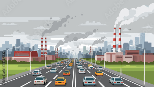 Heavy traffic on a multi-lane highway near an industrial zone with smoke billowing from factory chimneys causing air pollution.