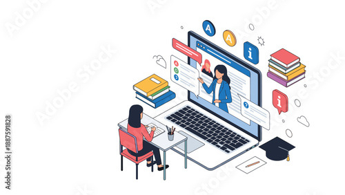 Online education isometric concept showing a female teacher on a laptop screen guiding a student at her desk with books and icons.