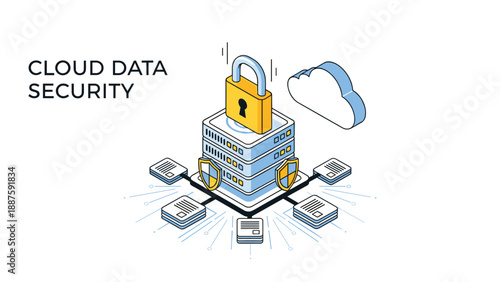 Cloud data security isometric illustration featuring database servers protected by a padlock and shields for information safety.
