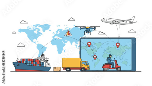 Global logistics network illustration featuring various transportation modes like ship, plane, and truck for international cargo delivery.