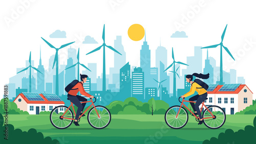 Sustainable green city lifestyle showing people cycling past modern houses equipped with solar panels and large wind power turbines.