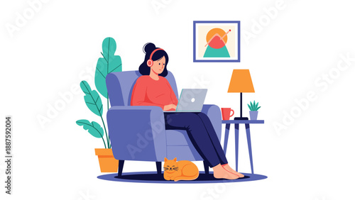 Cozy work from home scene with a woman using a laptop in a comfortable armchair with her pet cat sleeping peacefully at her feet.