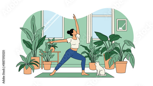 Healthy lifestyle and wellness concept showing a woman practicing yoga in a room filled with lush green indoor plants and her cat.