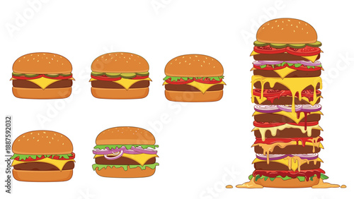 Selection of different types of burgers including a giant stacked hamburger with multiple patties, cheese, and fresh toppings.