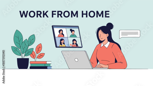 Modern work from home setup featuring a woman on a video conference call using her laptop in a bright and comfortable home office.