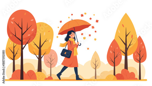 Joyful woman with an orange umbrella walking through a colorful autumn park with falling leaves and beautiful seasonal trees.