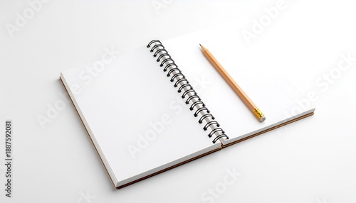 Blank open spiral notebook mockup with pencil, isolated template for stationery branding and sketching design　鉛筆が置かれた空白の開きスパイラルノートのモックアップ、文房具