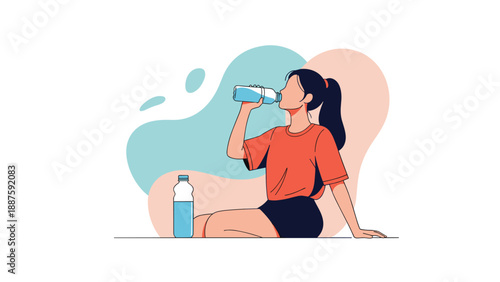 Young woman sitting on the ground and drinking fresh water from a plastic bottle to stay hydrated during a break from activities.