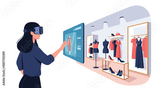 Virtual shopping experience showing a woman using a VR headset to browse and select clothes in a digital fashion boutique store.