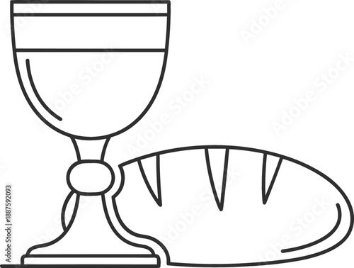 Maundy Thursday religious vector illustration with minimalist line art of holy wine chalice and bread for communion