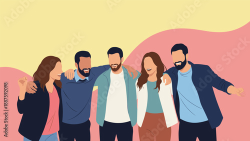 Group of five diverse and happy friends with their arms around each other's shoulders standing against a colorful background.