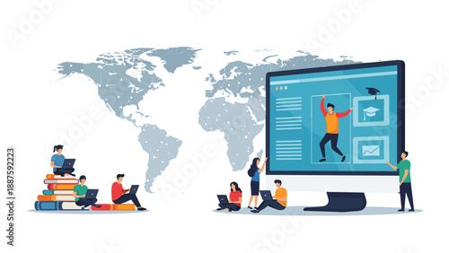 Diverse group of students use laptops to study online in front of a world map and a large screen displaying educational modules.