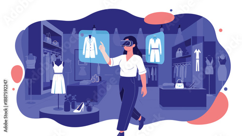 Young woman wearing virtual reality goggles shops for clothing in a digital boutique with floating interactive garment icons.