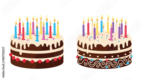 Two delicious chocolate birthday cakes decorated with white frosting and many lit candles are shown together on a plain background.