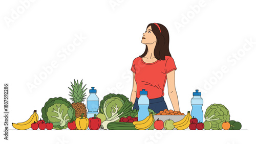 Young woman looks upward while surrounded by a huge assortment of fresh healthy fruits vegetables and bottled water for wellness.