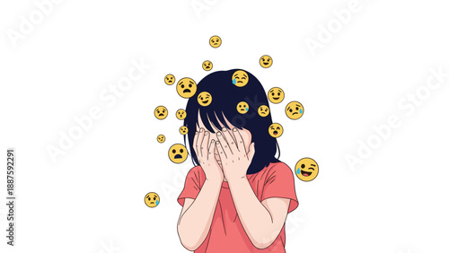Young girl hides her face in her hands while being overwhelmed by numerous floating emoji faces representing different emotions.