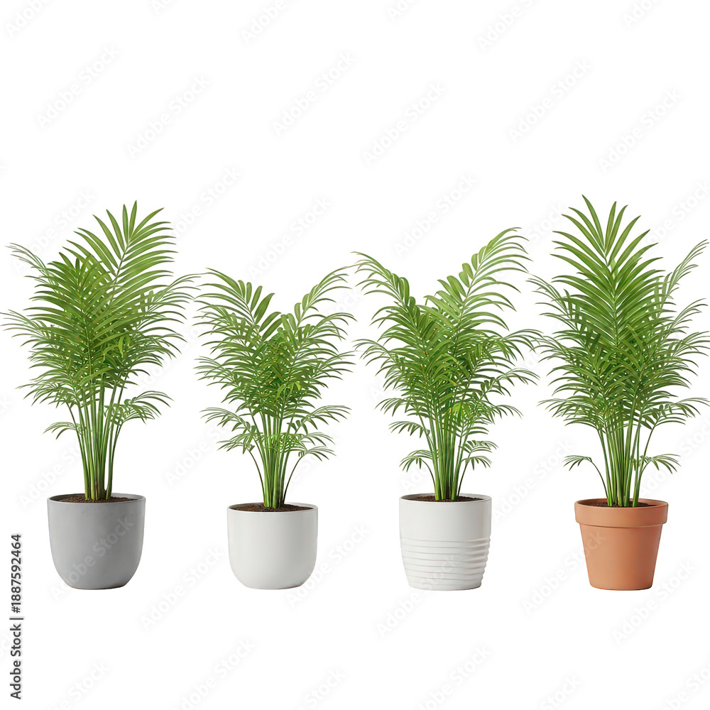 Fototapeta premium Four potted fern plants in different pots isolated on transparent background