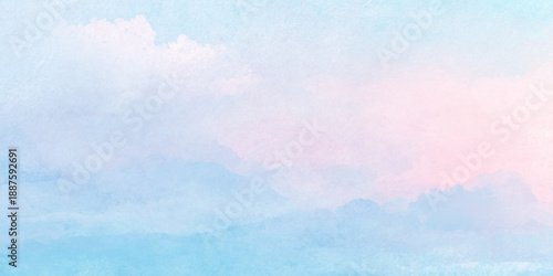 A soft pastel sky with fluffy white and pale pink clouds creates a serene and dreamy watercolor atmospheric backdrop