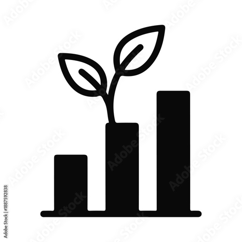 Black solid vector icon of agricultural growth analytics, bar chart combined with plant icon, minimalist flat design