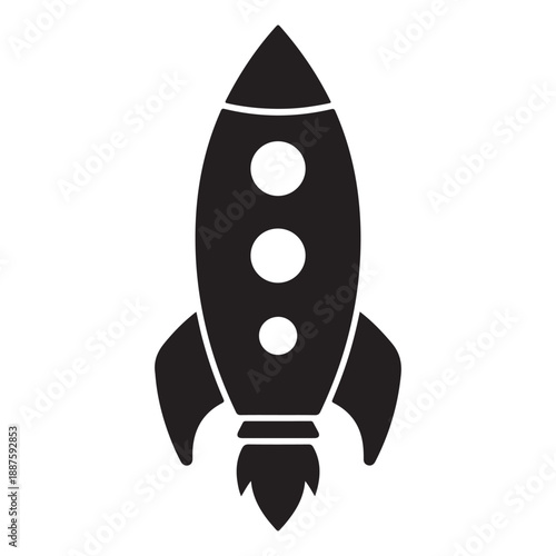 This image displays a stylized black rocket ship icon set against a plain white background. The rocket features a classic conical nose, three circular windows arranged vertically down the body, 