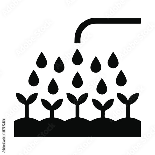 Minimalist black vector icon of agriculture irrigation system, water drops flowing over crops, flat solid icon style