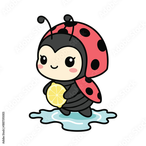 Cute cartoon ladybug character holding a lemon slice with a puddle of water