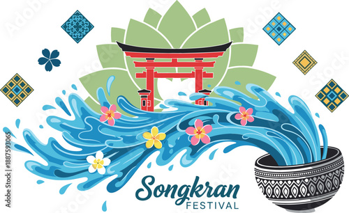 Songkran festival vector illustration with water splashing from silver bowl frangipani flowers and traditional Thai temple gate background.