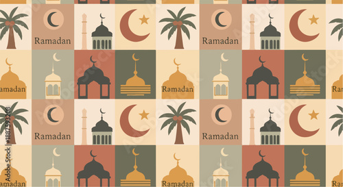 Ramadan Kareem Seamless Pattern with Islamic Symbols and Palm Trees Vector
