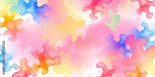 Abstract colorful watercolor background featuring an artistic paint splash pattern and seamless jigsaw puzzle pieces in a pink grunge ink texture design illustration