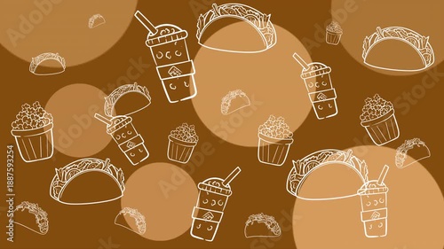 Looping animated background with outline Popcorn, tacos, sauces, and drinks. Seamless fast food pattern ideal for restaurant promos, menu boards, food apps, and ads.